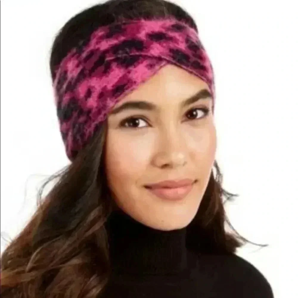 DKNY Women’s Fuzzy Animal Print Twisted Headband Hot Pink Black